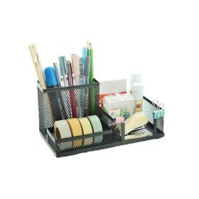 Mesh Metal Desk Pen Stand 3-Compartment Memo Pad Pen-Pencil Holder