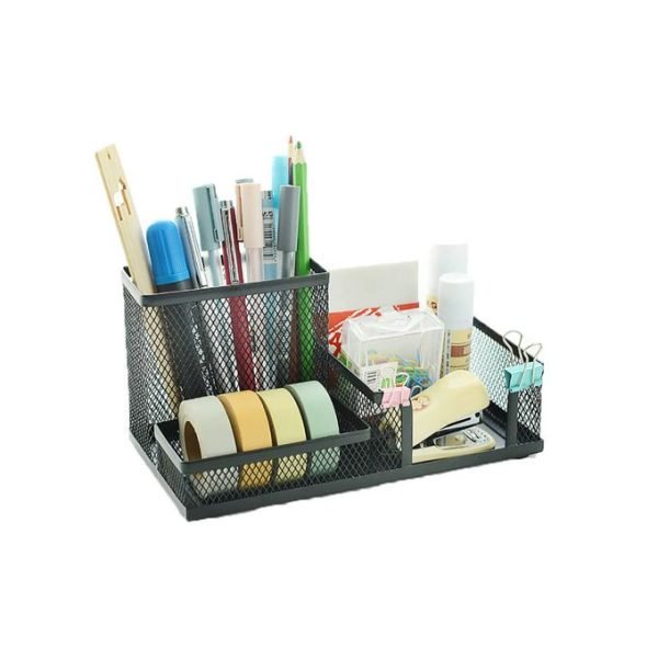 Mesh Metal Desk Pen Stand 3-Compartment Memo Pad Pen-Pencil Holder