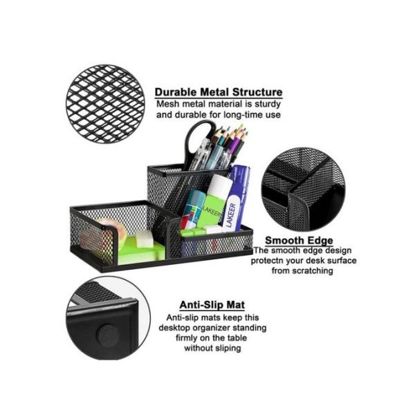 Mesh Metal Desk Pen Stand 3-Compartment Memo Pad Pen-Pencil Holder - Image 3