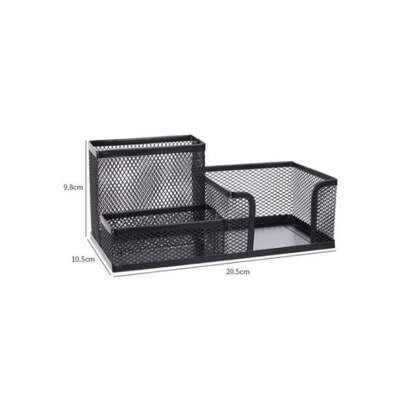 Mesh Metal Desk Pen Stand 3-Compartment Memo Pad Pen-Pencil Holder - Image 4