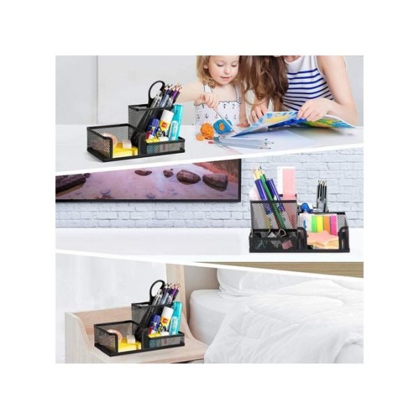 Mesh Metal Desk Pen Stand 3-Compartment Memo Pad Pen-Pencil Holder - Image 5