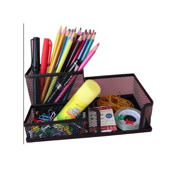 Mesh Metal Desk Pen Stand 3-Compartment Memo Pad Pen-Pencil Holder - Image 6