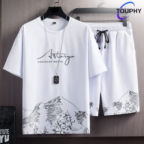T-Shirts +Shorts 100% Cotton Men's Short Sleeve Set-White