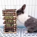 Hanging Apple Wood Rabbit Hay Feeder – Guinea Pig Grass Holder with 2 Hooks Biting Resistant Small Animals Chew Toy, Feeding Hay Manager Shelf for Chinchilla Bunny Hamster Gerbil Holiday Presents