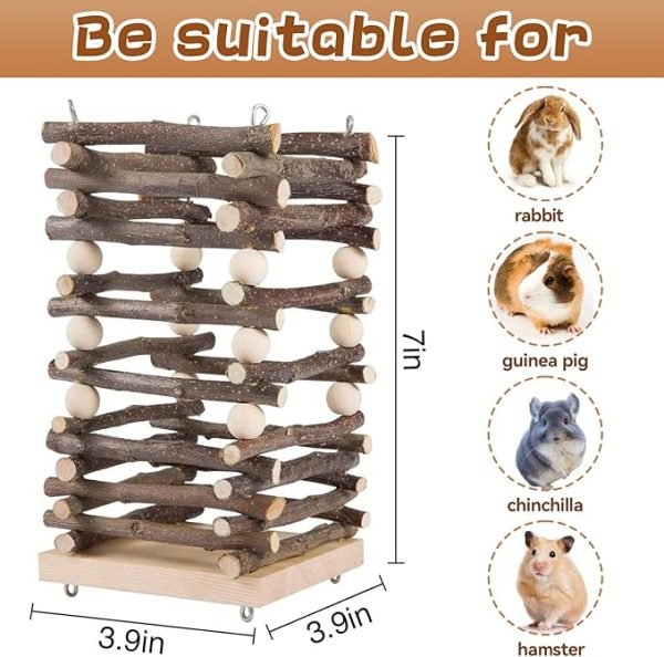 Hanging Apple Wood Rabbit Hay Feeder - Guinea Pig Grass Holder with 2 Hooks Biting Resistant Small Animals Chew Toy, Feeding Hay Manager Shelf for Chinchilla Bunny Hamster Gerbil Holiday Presents - Image 5